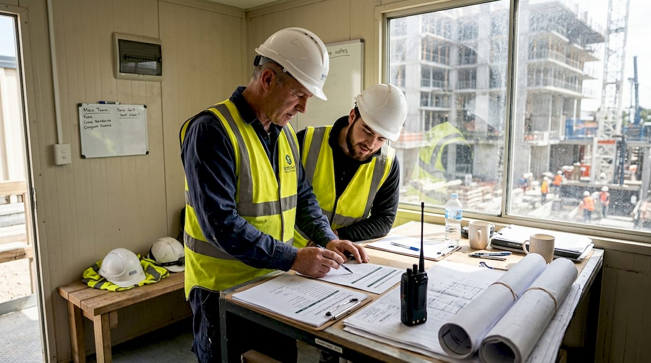 Safety supervisor and team reviewing site checklist