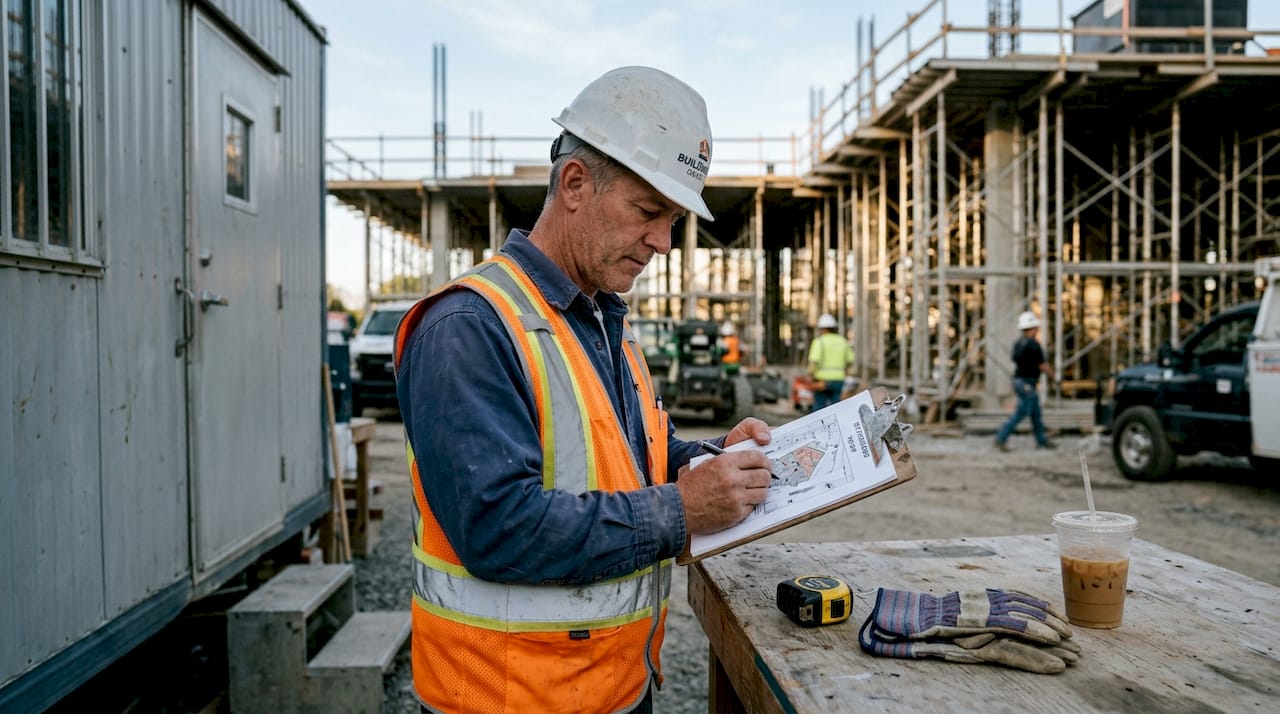 Manager reviewing risk map at construction site