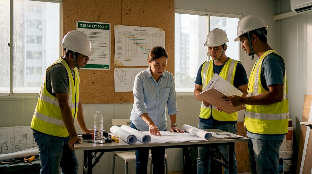 Supervisor discussing safety at Singapore construction site