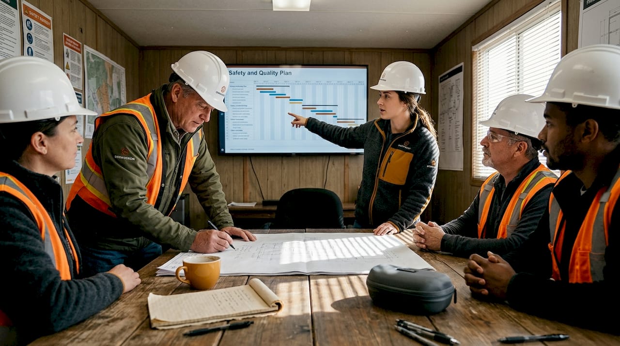 Construction team reviews quality safety plan