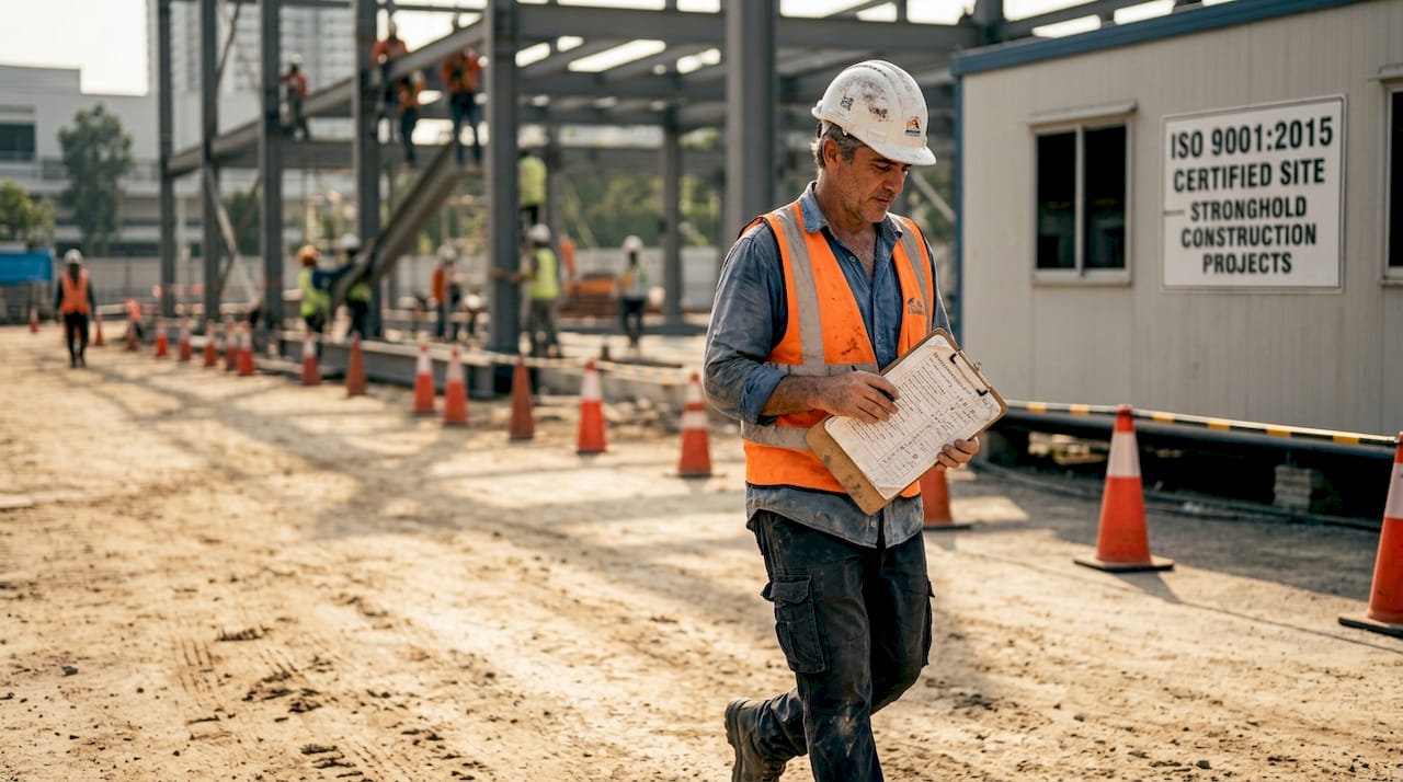 Construction supervisor checks ISO compliance onsite