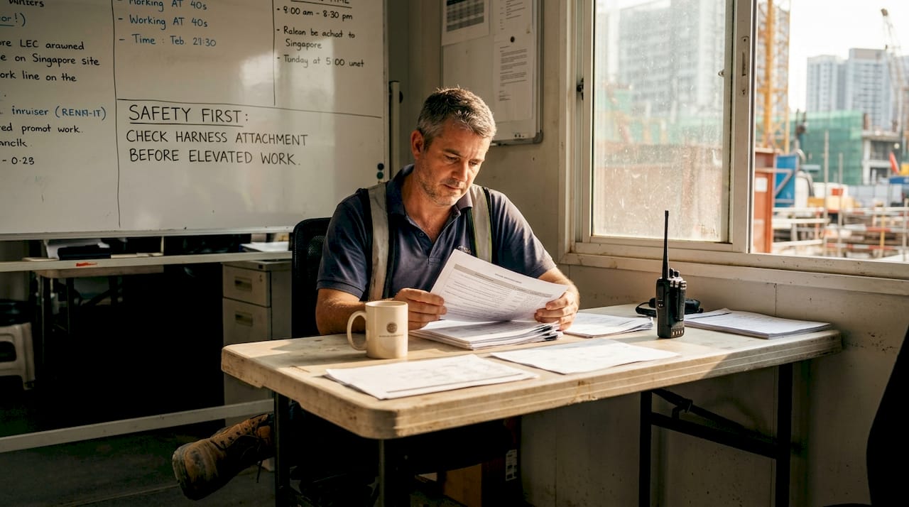 Manager reviewing risk assessment documents onsite
