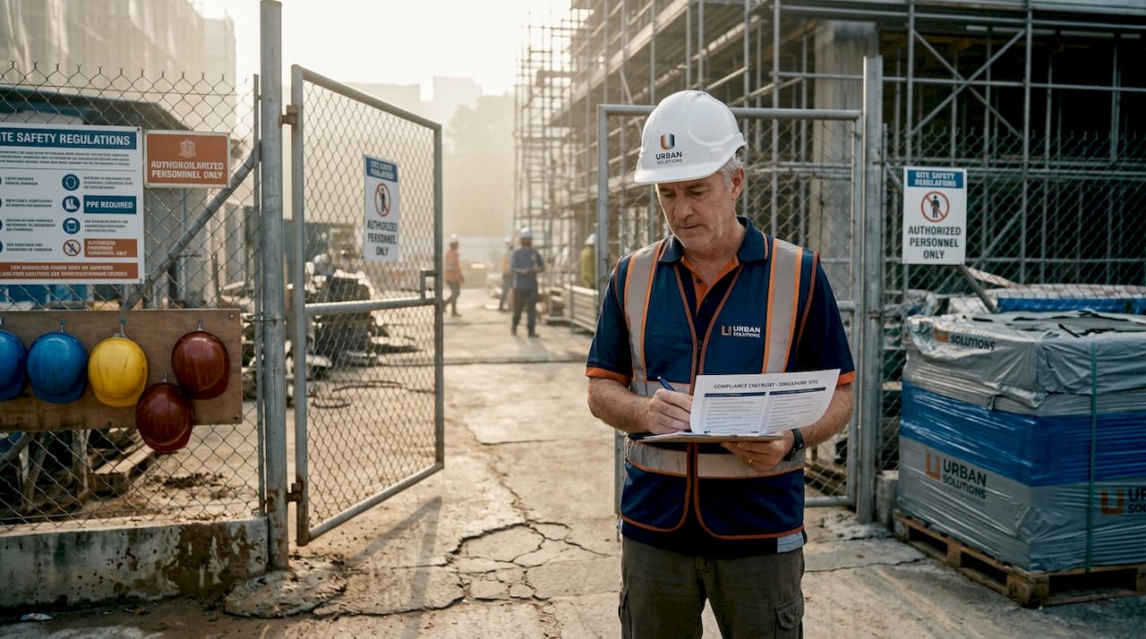 Site manager reviewing environmental compliance checklist