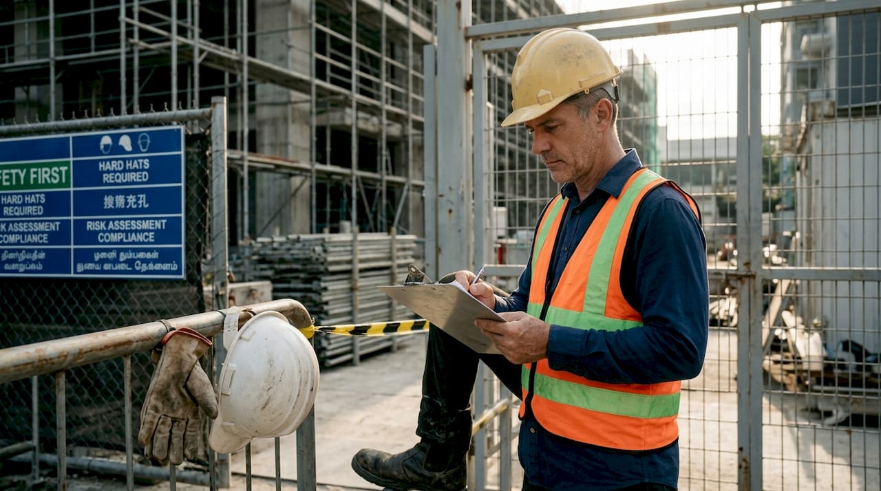 Safety supervisor reviewing risk forms onsite