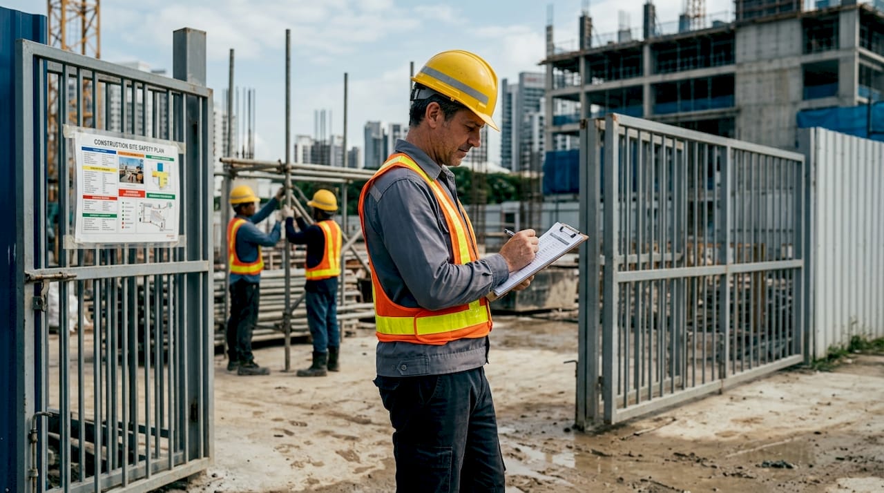 Safety inspector checks audit list on-site entrance