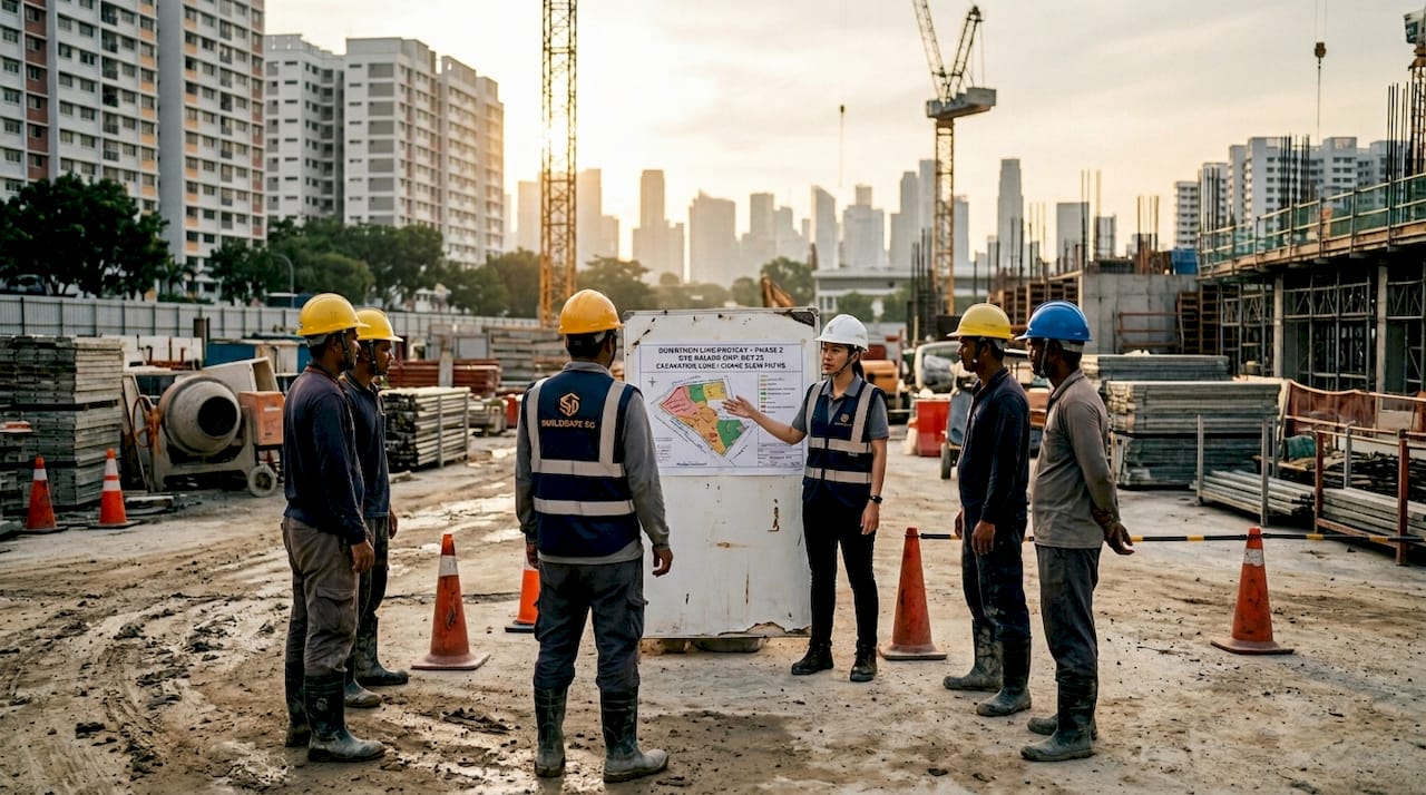 Singapore construction safety manager briefing team outdoors