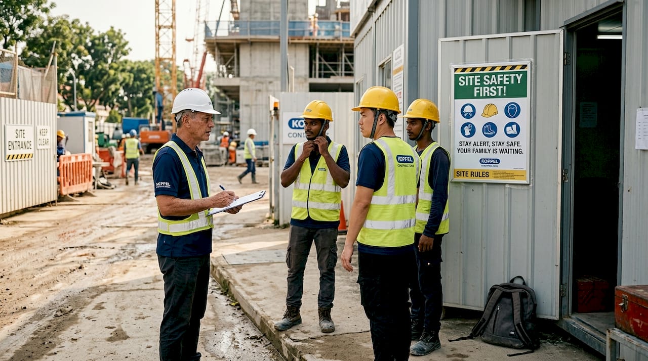 Safety manager briefing workers at Singapore construction site