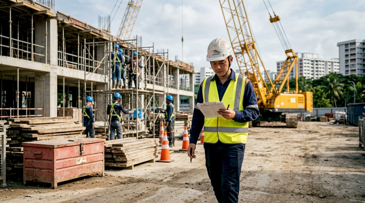 Safety officer auditing Singapore construction site
