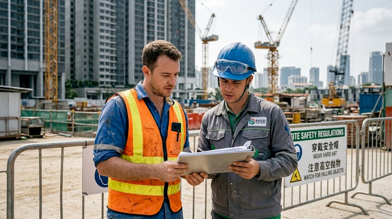 Site managers reviewing safety compliance at Singapore construction site