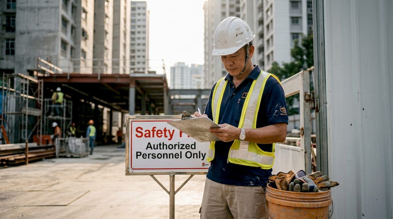 Site manager reviewing safety documents onsite