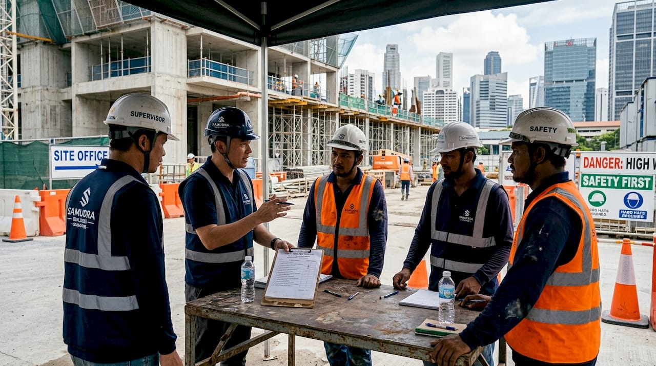 Construction safety team meeting on Singapore worksite