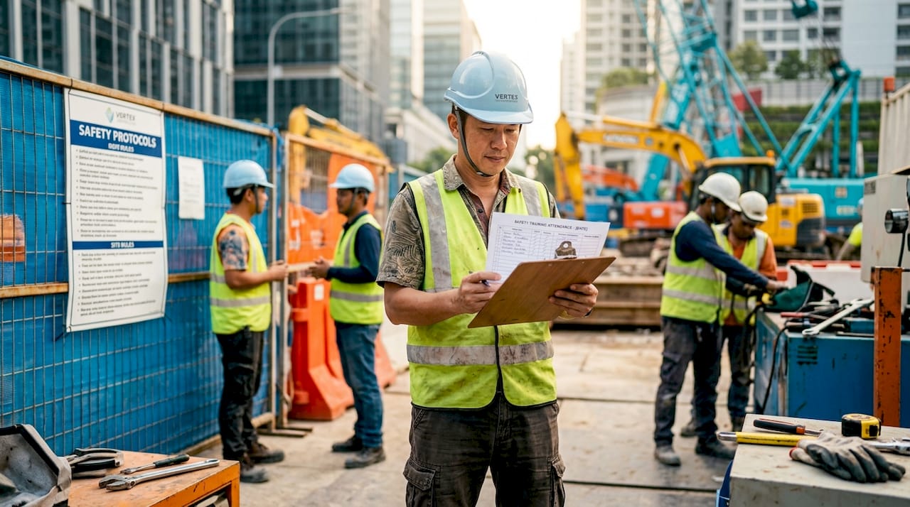 Singapore construction manager reviewing safety training list