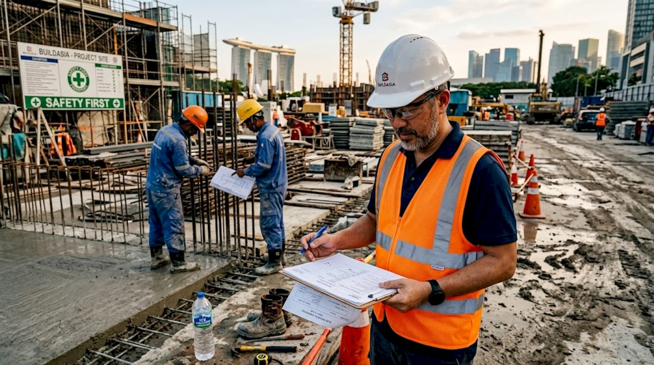 Project manager inspecting construction quality on site