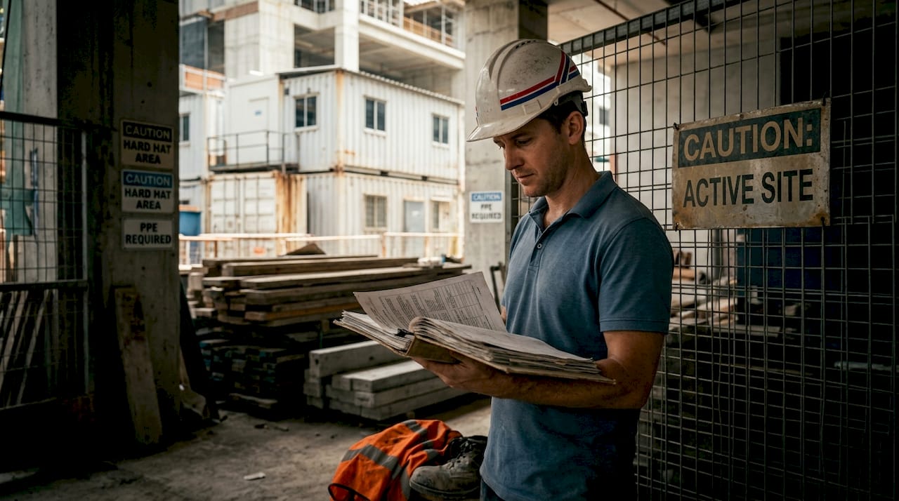 Safety consultant checking documents at construction site