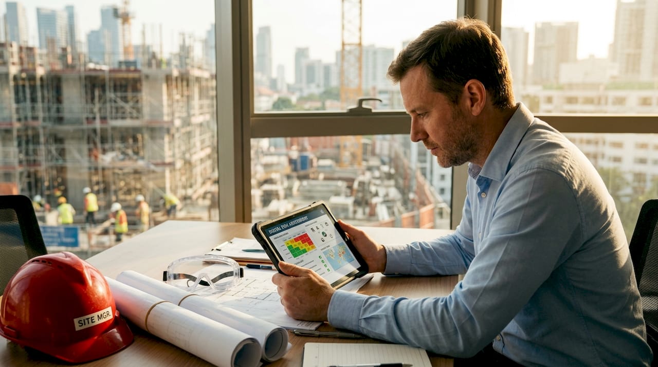 Site manager reviewing risk documents in site office