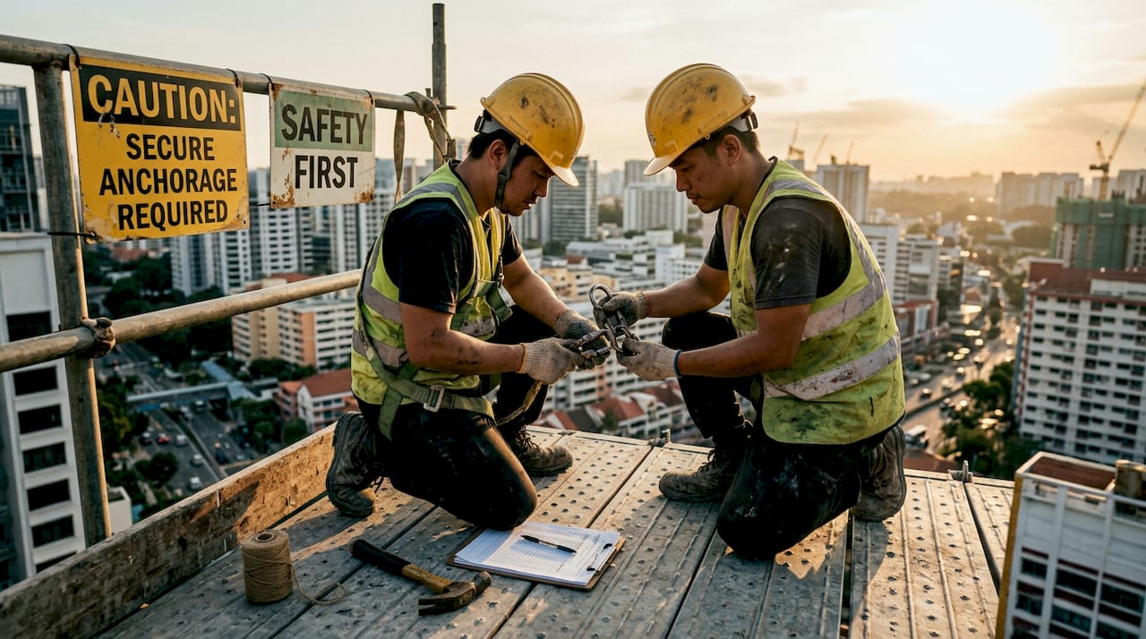 Worker checking harness at construction platform edge