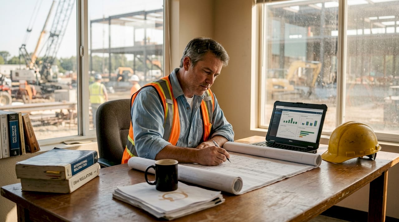 Project manager reviews construction safety plans