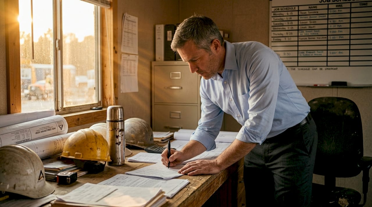 Construction manager reviews blueprints in site office