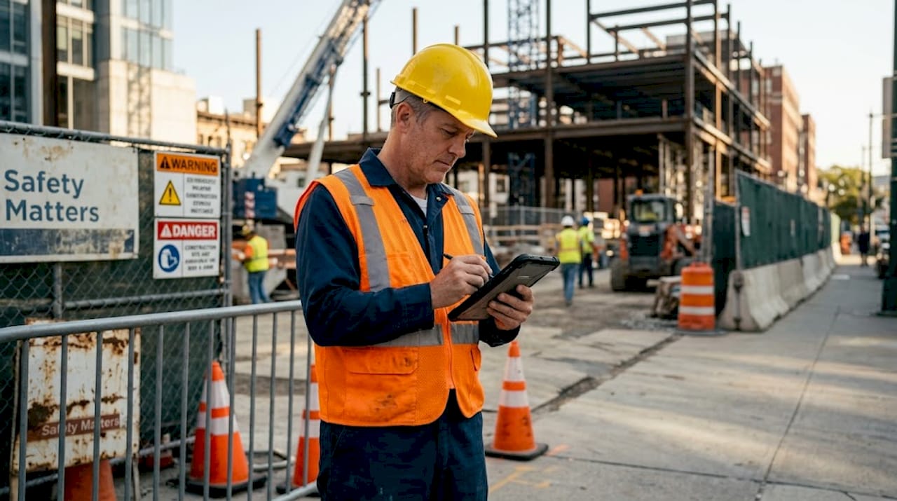 Site safety inspector at construction entry