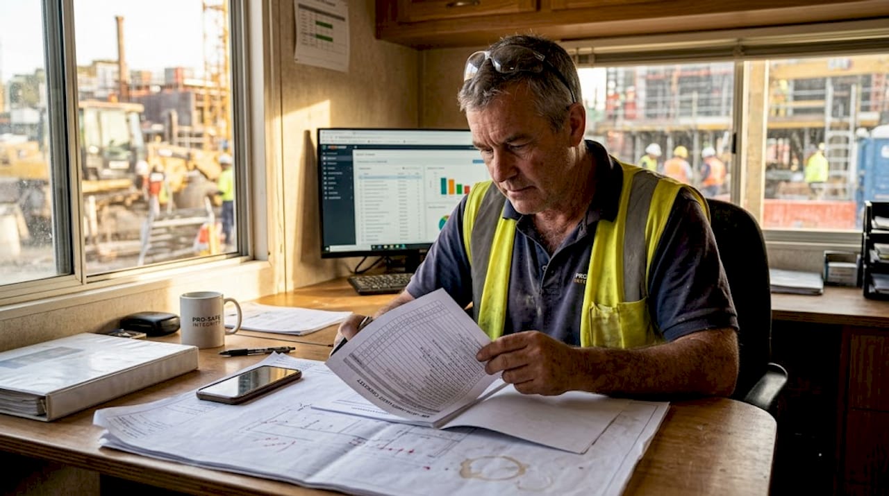 Safety manager reviewing site checklist in trailer