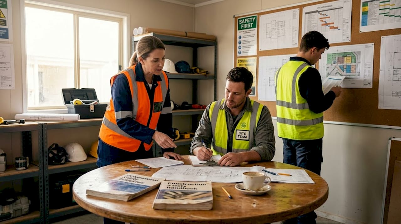 Construction team discussing safety assessment