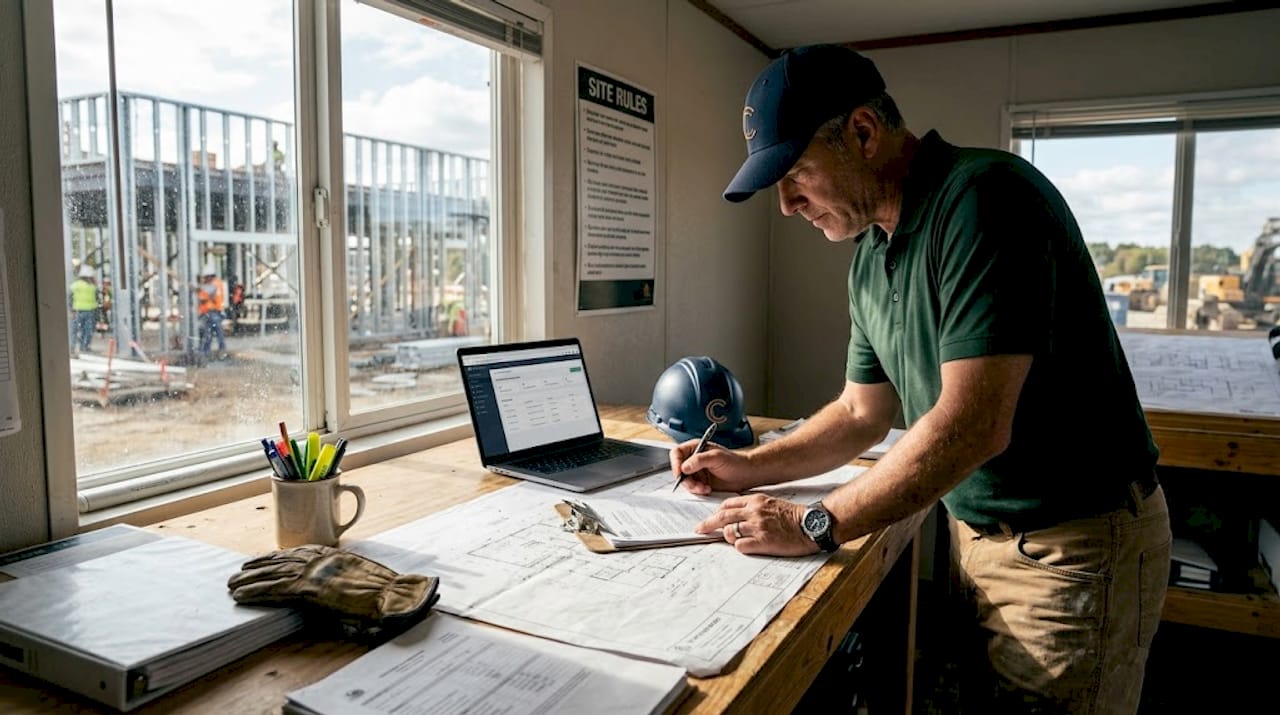 Project manager reviewing compliance files at job site
