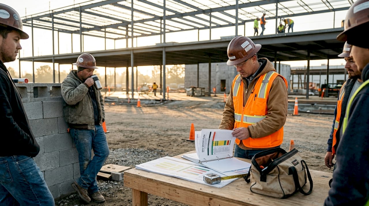 Construction manager leads site safety meeting