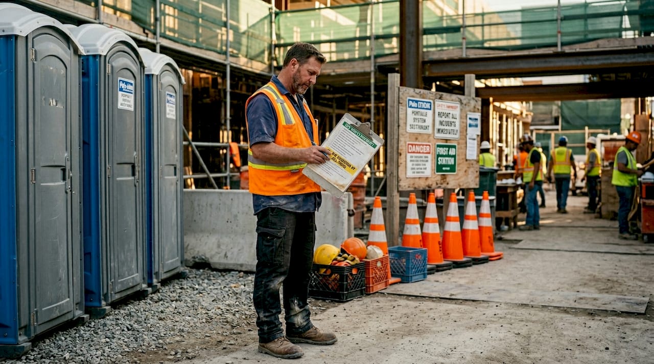 Site manager reviewing safety at construction site
