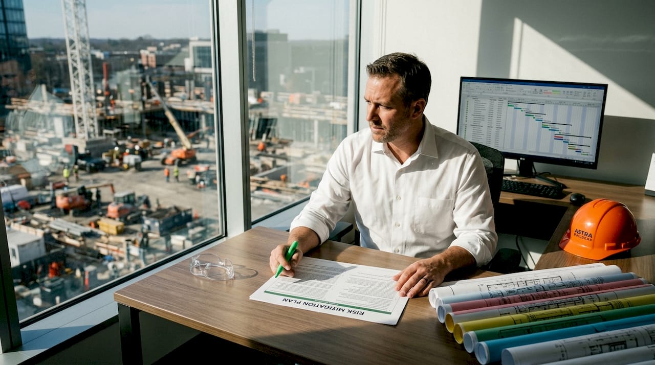 Construction project manager reviewing risk plan in office