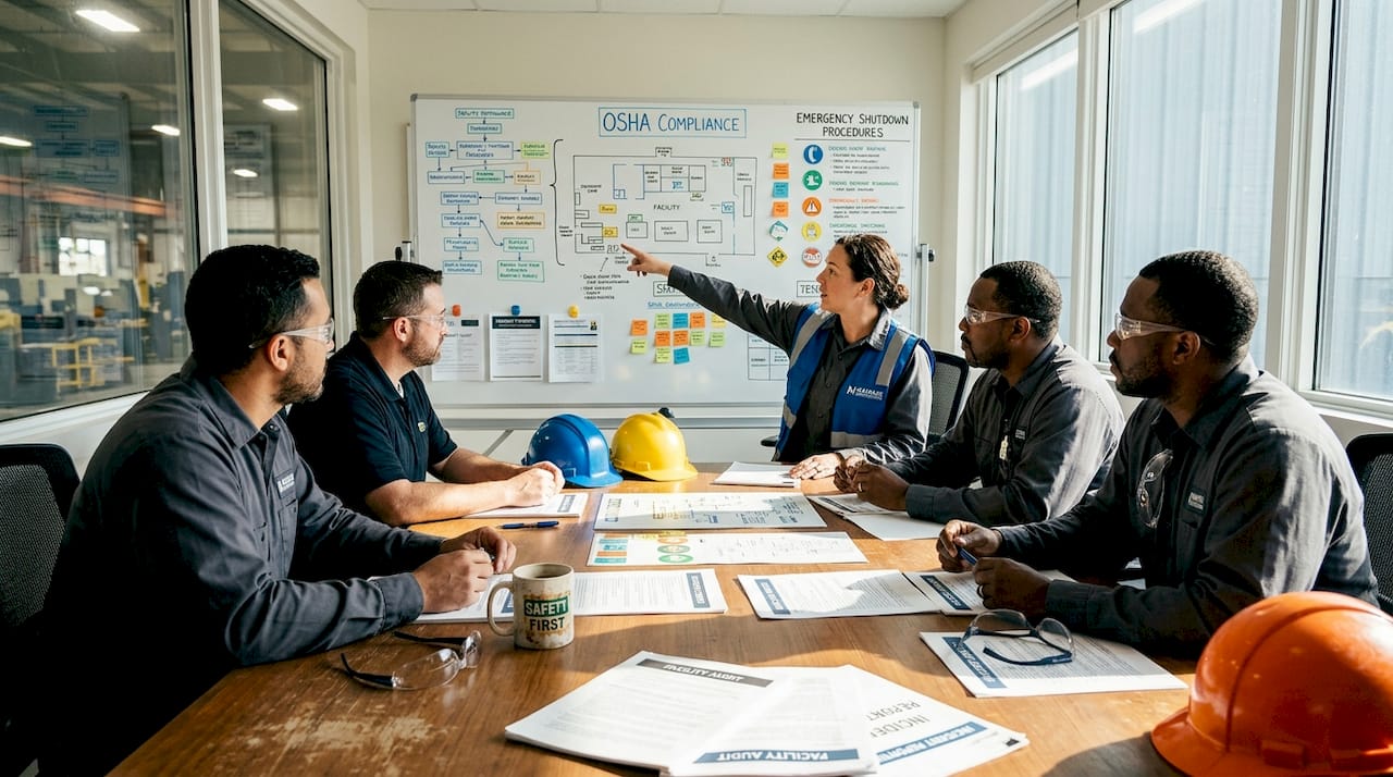 Safety managers reviewing workplace safety protocols
