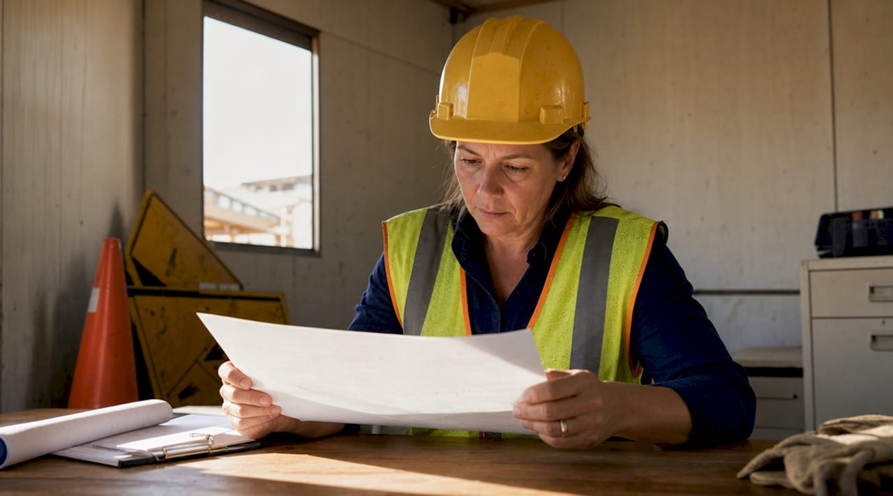 Construction manager reviewing safety assessment report