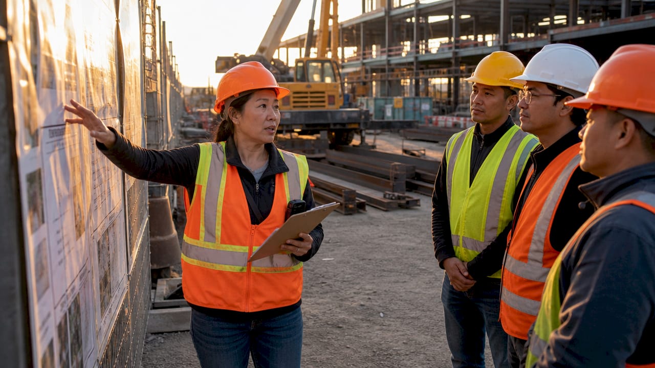 Construction manager leading safety briefing outdoors