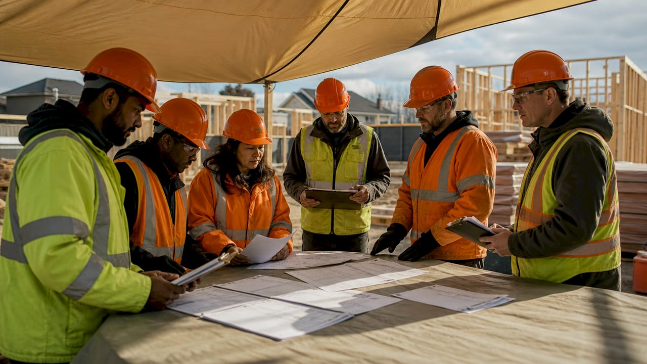 Construction team reviewing safety documents outdoors