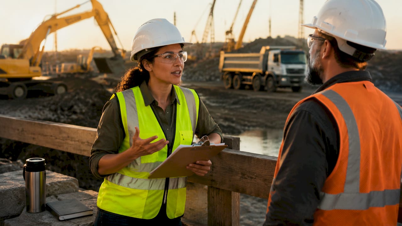 Environmental auditor reviewing construction site compliance