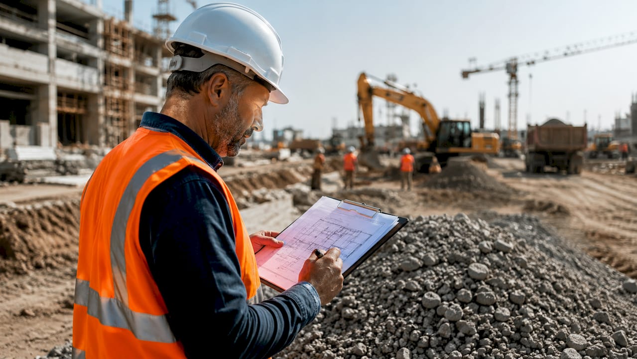 Construction manager reviewing ergonomic plans onsite