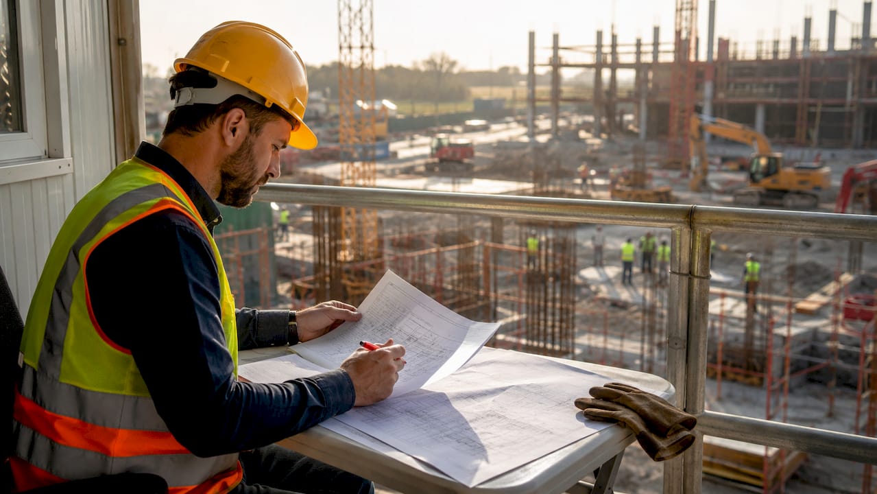 Construction safety manager reviewing safety documents