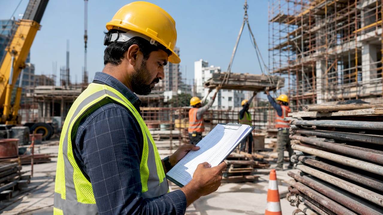 Construction manager reviewing ISO checklist outdoors