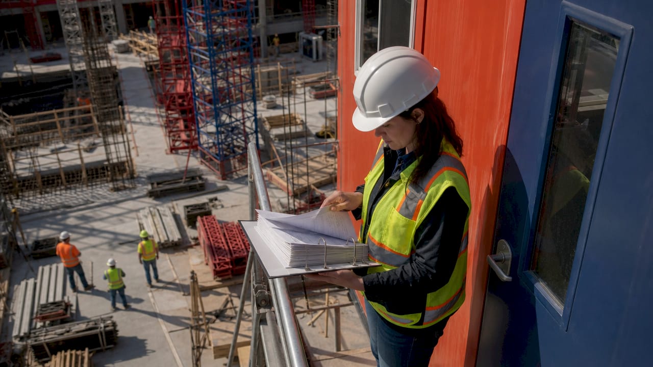 Construction manager reviewing safety documents outdoors
