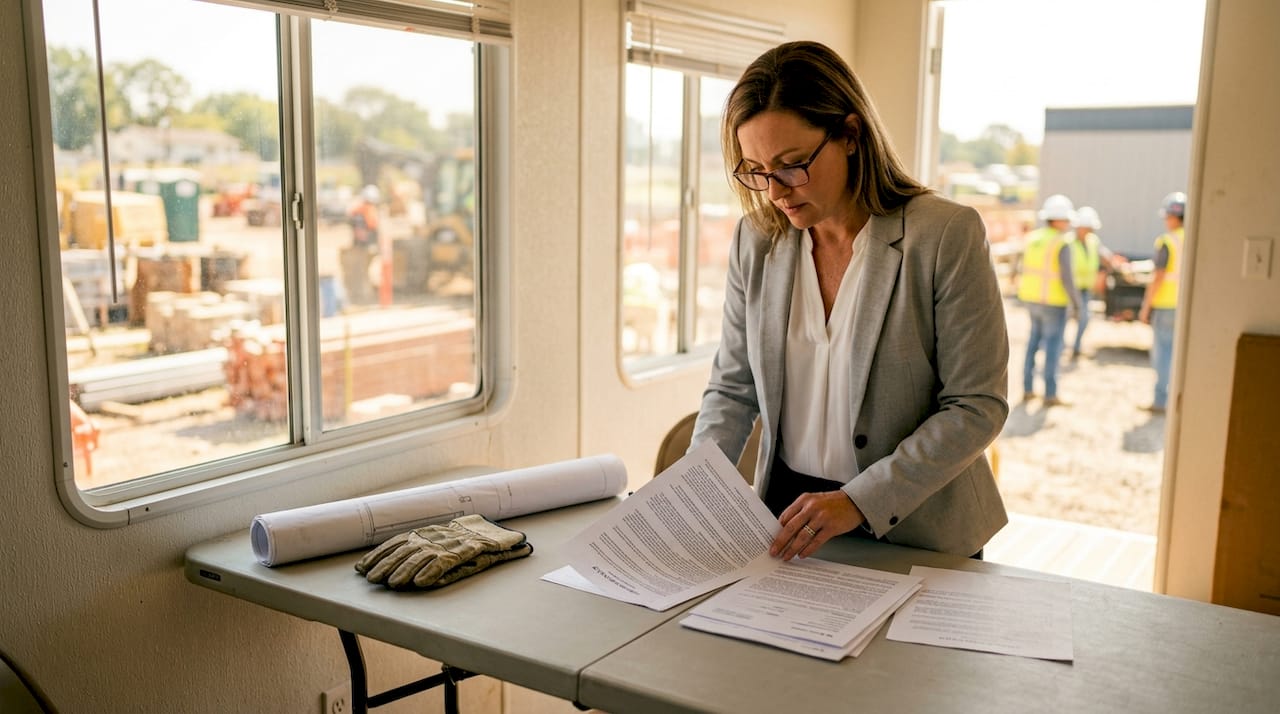 Woman reviewing insurance documents on construction site
