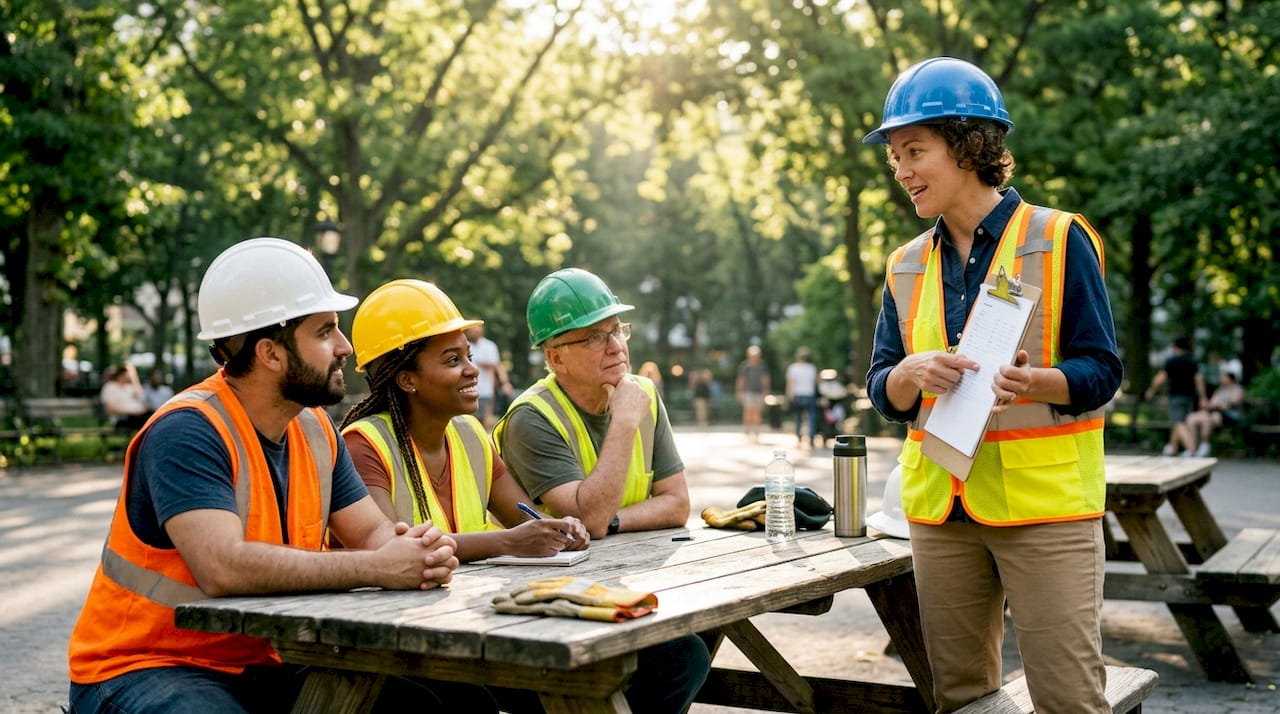 Safety manager discussing behavioral safety with workers