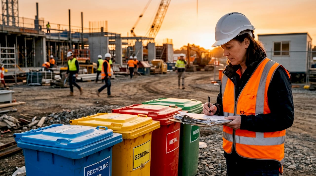 Construction manager reviewing waste bins onsite