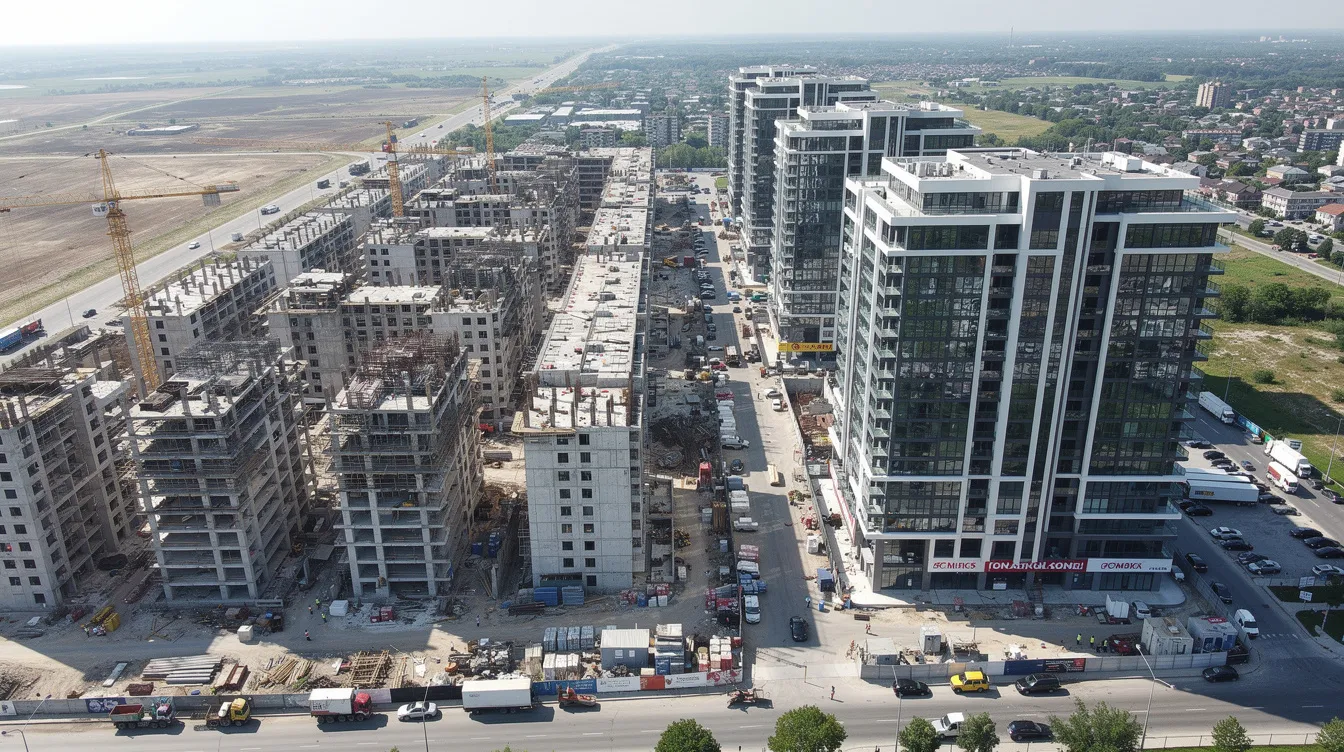 An aerial view captures a large public housing construction site for HDB flats adjacent to a private condominium development, showcasing the contrasting scales and styles of public and private property in Singapore. The image highlights the ongoing construction efforts, reflecting the key differences in ownership rules and financing structures between HDB and private condominiums.
