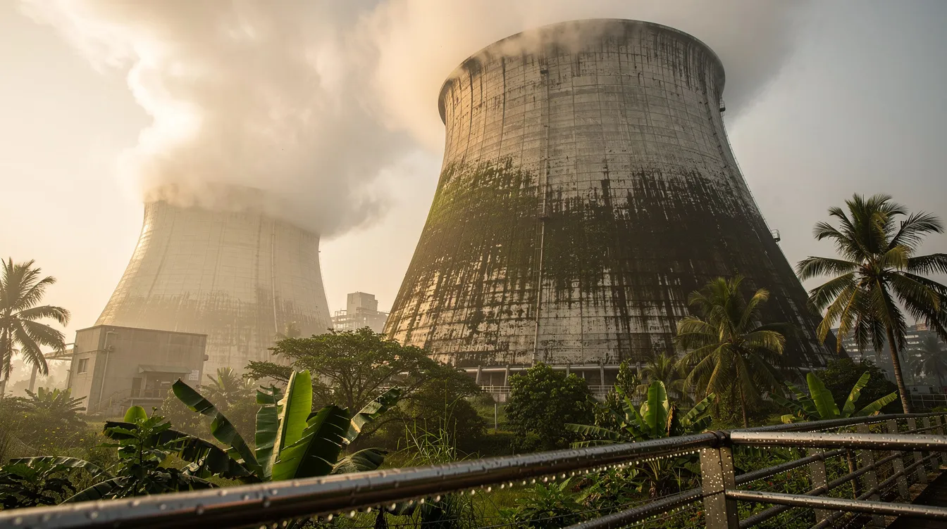 The image shows a close-up view of industrial cooling towers operating in a humid tropical environment, with visible water vapor rising from the structures. These cooling towers are essential components of data centers, particularly for managing heat in cloud service providers' operations, ensuring the reliability and efficiency of digital infrastructure.