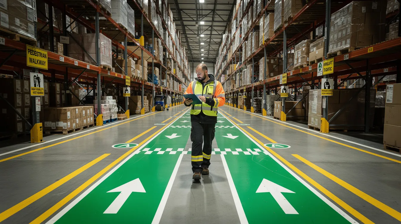 A safety officer is inspecting a warehouse aisle, holding a clipboard and evaluating clearly marked pedestrian walkways and safety signage. This inspection is crucial for conducting risk assessments and ensuring compliance with workplace safety and health regulations, which are essential for achieving bizsafe certification.