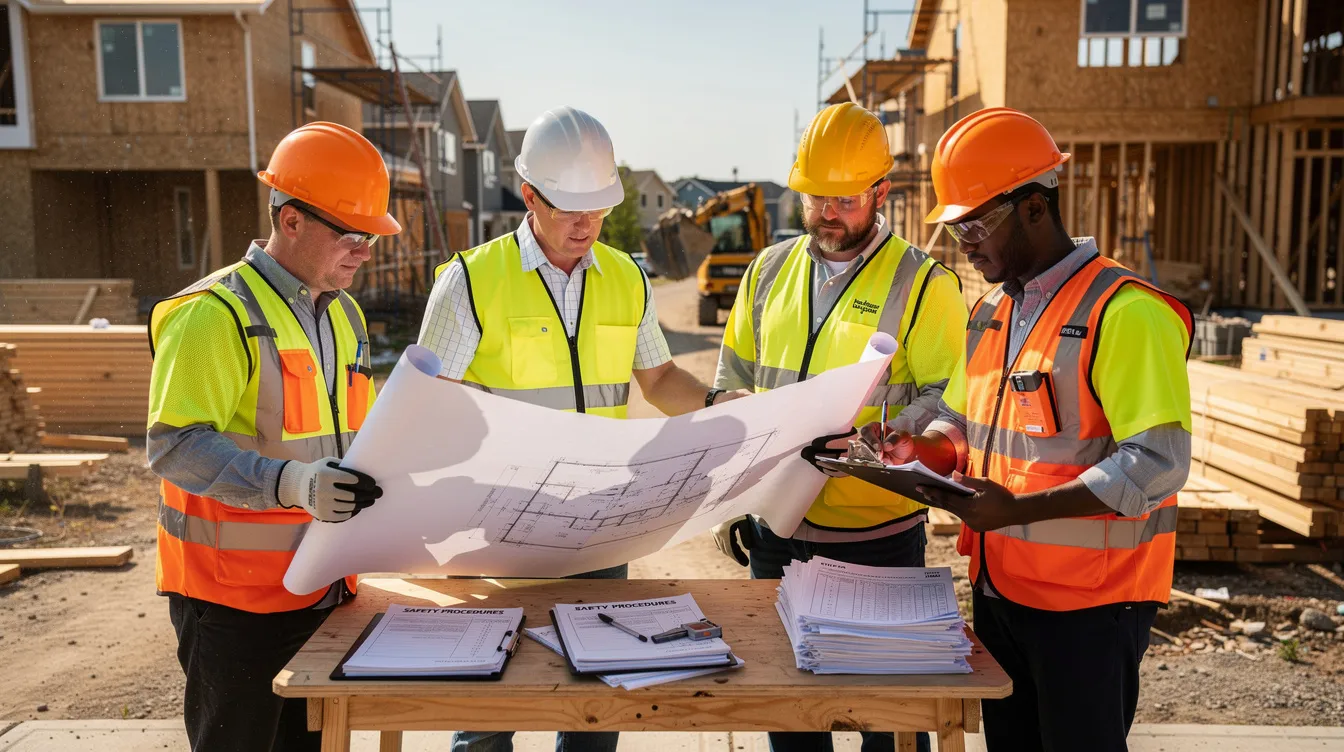 The image shows construction workers at a residential building site, attentively reviewing safety documentation and blueprints, which are essential for ensuring compliance with ownership rules and safety standards for private condominiums and HDB flats. The site may feature amenities typical of private housing, like swimming pools and function rooms, highlighting the importance of planning for future property value and maintenance fees.