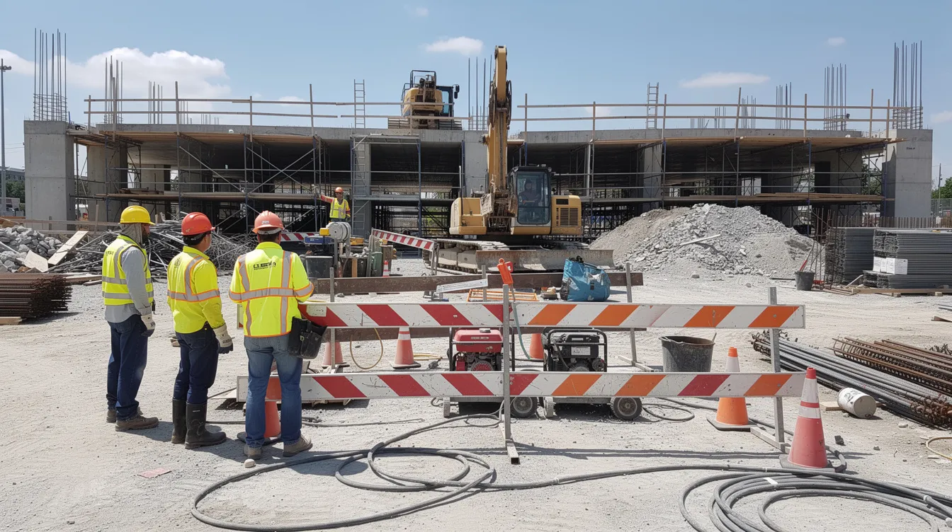 The image shows a construction site where workers wearing safety helmets are standing idle near barricaded equipment, highlighting the importance of workplace safety and health standards. Without proper adherence to the bizsafe renewal process, companies risk failing to maintain their bizsafe certification, which is crucial for ensuring a safe and healthy environment on site.