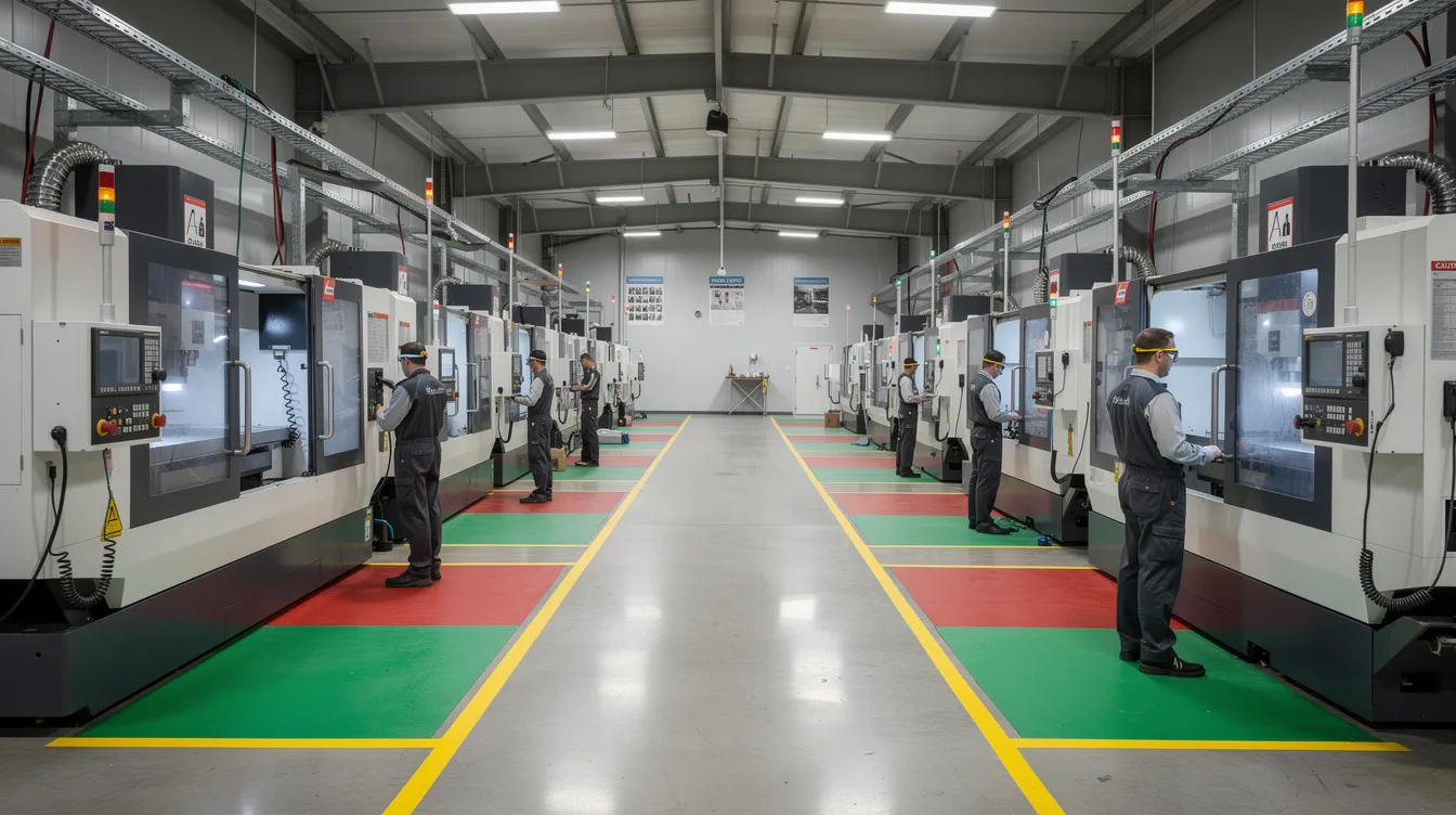 The image depicts a CNC machining shop floor featuring milling machines equipped with safety guards and color-coded floor markings designed to enhance workplace safety and health. This environment reflects a commitment to risk management and adherence to Singapore's national workplace safety standards, contributing to achieving bizsafe star certification.