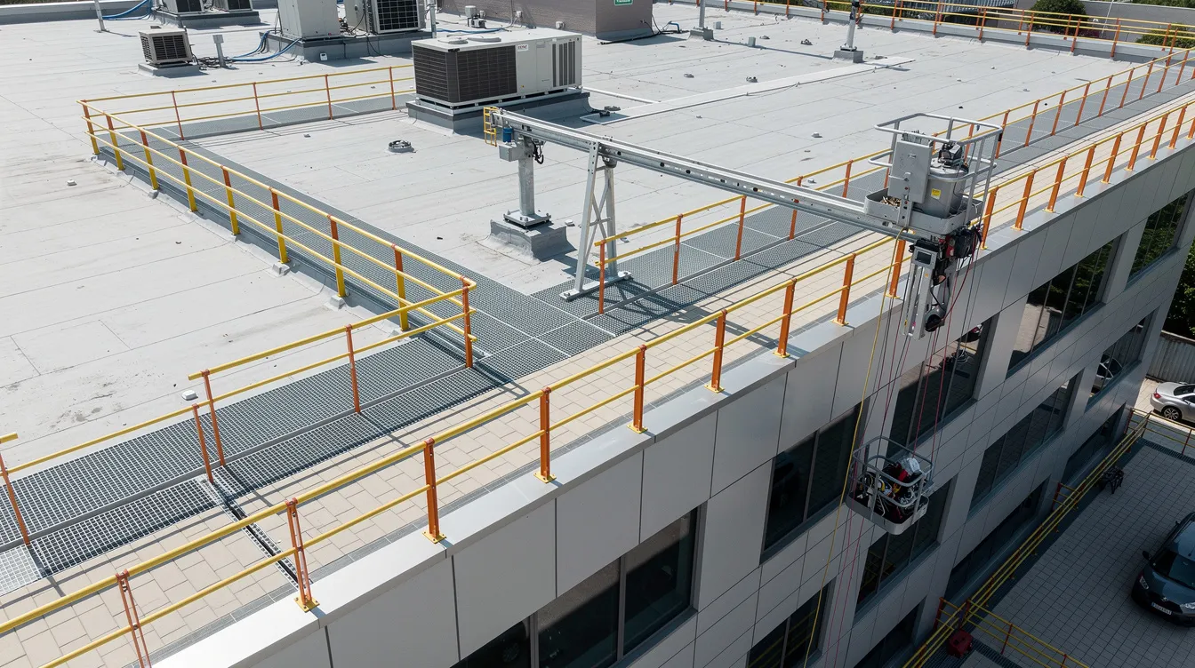 The aerial view showcases a modern building rooftop equipped with permanent walkways, guardrails, and a building maintenance unit, emphasizing the importance of workplace safety and facilities management for safe façade access. This design reflects core principles of risk management and regulatory compliance in construction projects, ensuring efficient maintenance and reducing potential hazards.