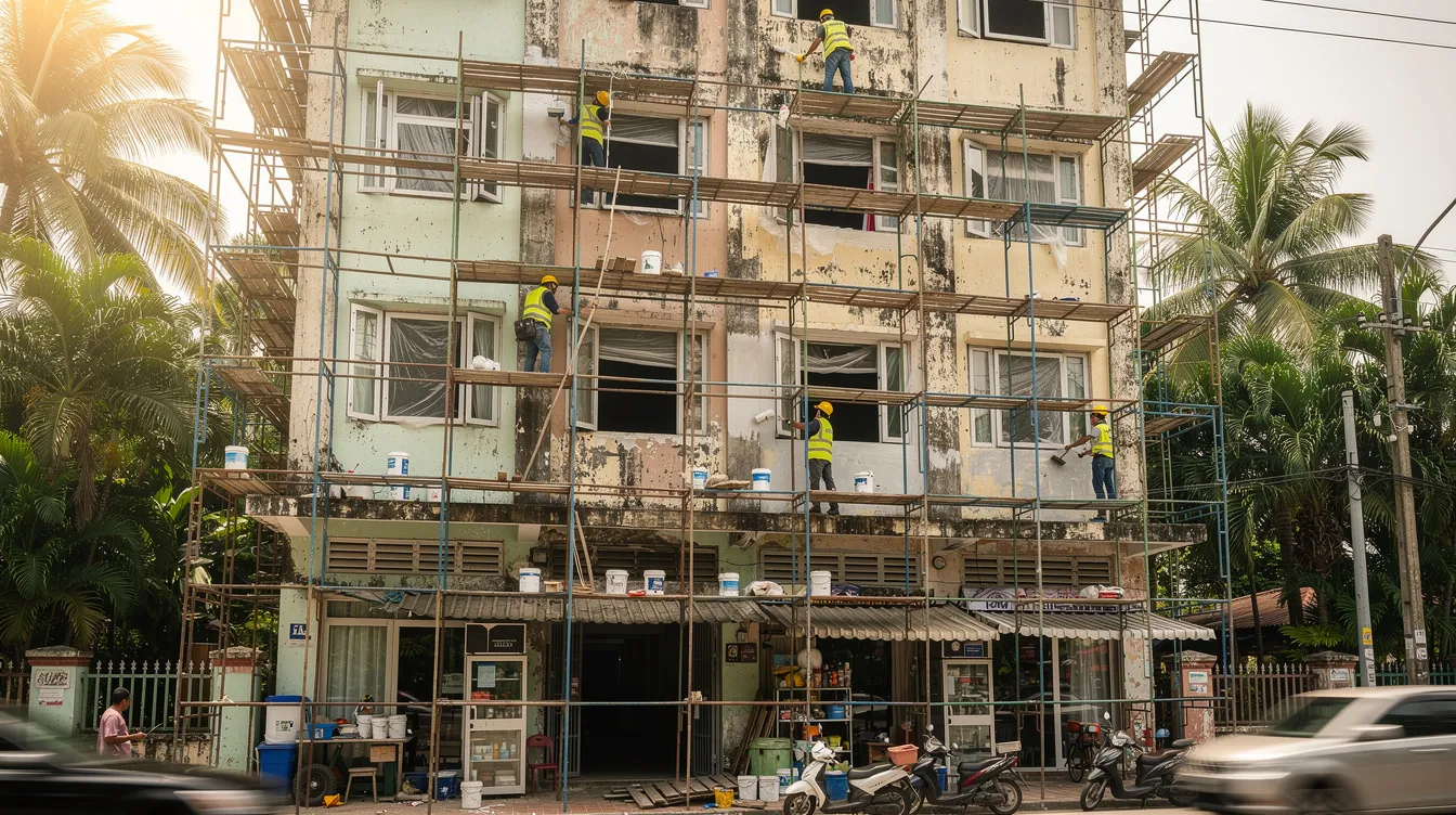 The image shows scaffolding surrounding an aging tropical commercial building as it undergoes facade renovation work, highlighting the construction project’s focus on safety regulations and risk management. This renovation reflects the critical role of design for safety (DFS) in the construction industry, ensuring compliance with health and safety standards while addressing potential hazards in the built environment.