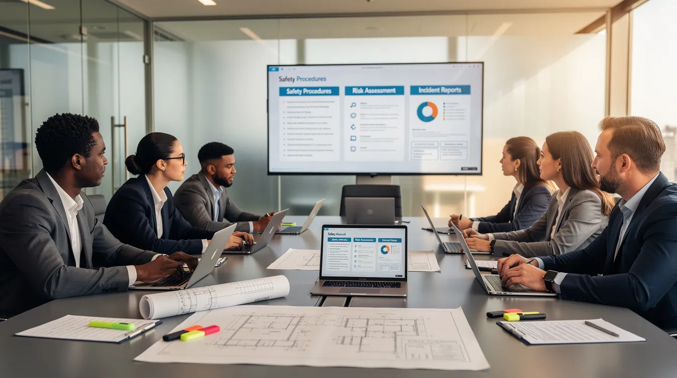 A diverse team of professionals is gathered in a meeting room, engaged in reviewing safety documentation displayed on screens and printed plans, focusing on construction safety guidelines and design phase considerations for their current construction projects. The atmosphere is collaborative, emphasizing the importance of integrating effective strategies to improve outcomes and prevent design errors in the construction industry.